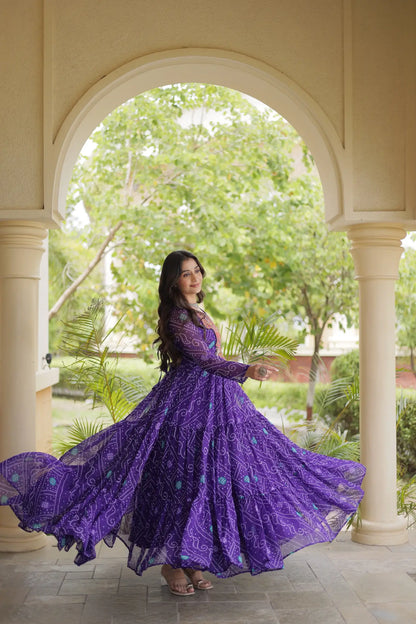 Purple Gamthi Work & Printed Navratri Gown