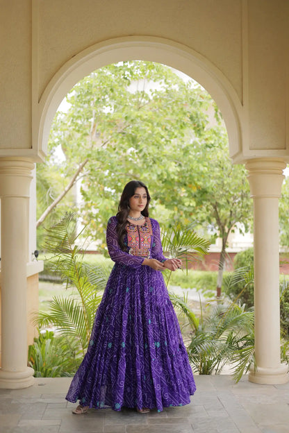 Purple Gamthi Work & Printed Navratri Gown