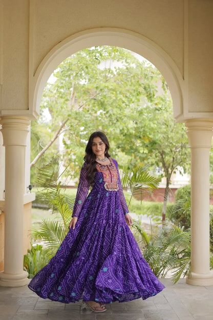 Purple Gamthi Work & Printed Navratri Gown