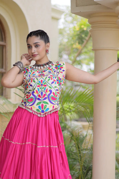 Pink Garba Chaniya Choli With Kutchi Work Blouse