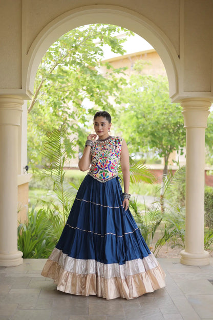 Rama Blue Garba Chaniya Choli With Kutchi Work Blouse