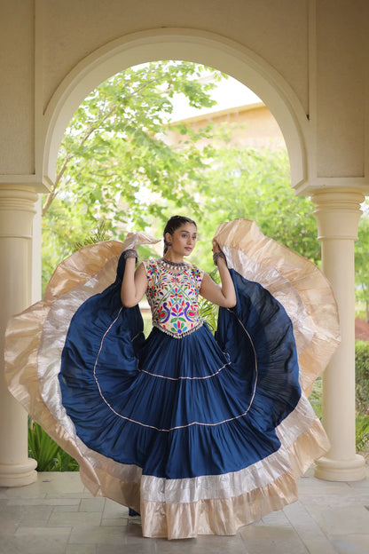 Rama Blue Garba Chaniya Choli With Kutchi Work Blouse
