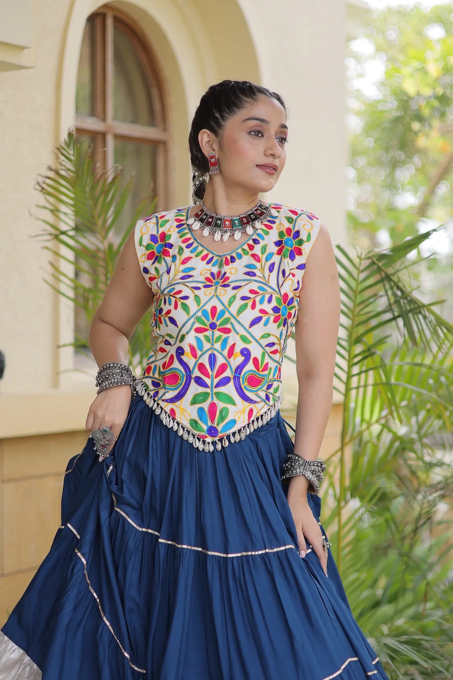 Rama Blue Garba Chaniya Choli With Kutchi Work Blouse