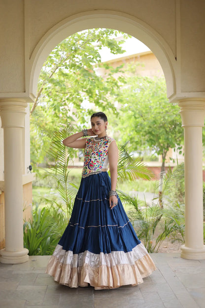 Rama Blue Garba Chaniya Choli With Kutchi Work Blouse