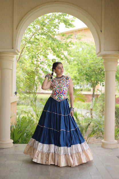 Rama Blue Garba Chaniya Choli With Kutchi Work Blouse