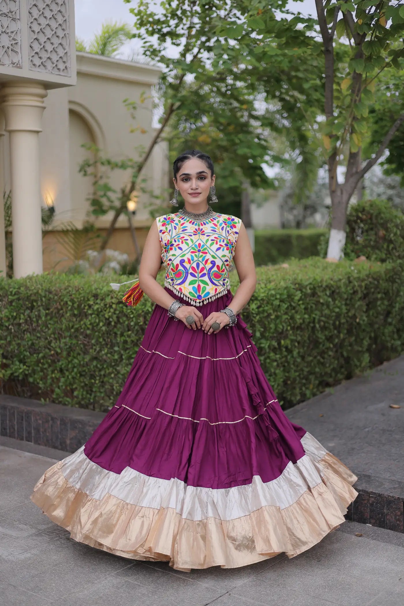 Wine Garba Chaniya Choli With Kutchi Work Blouse