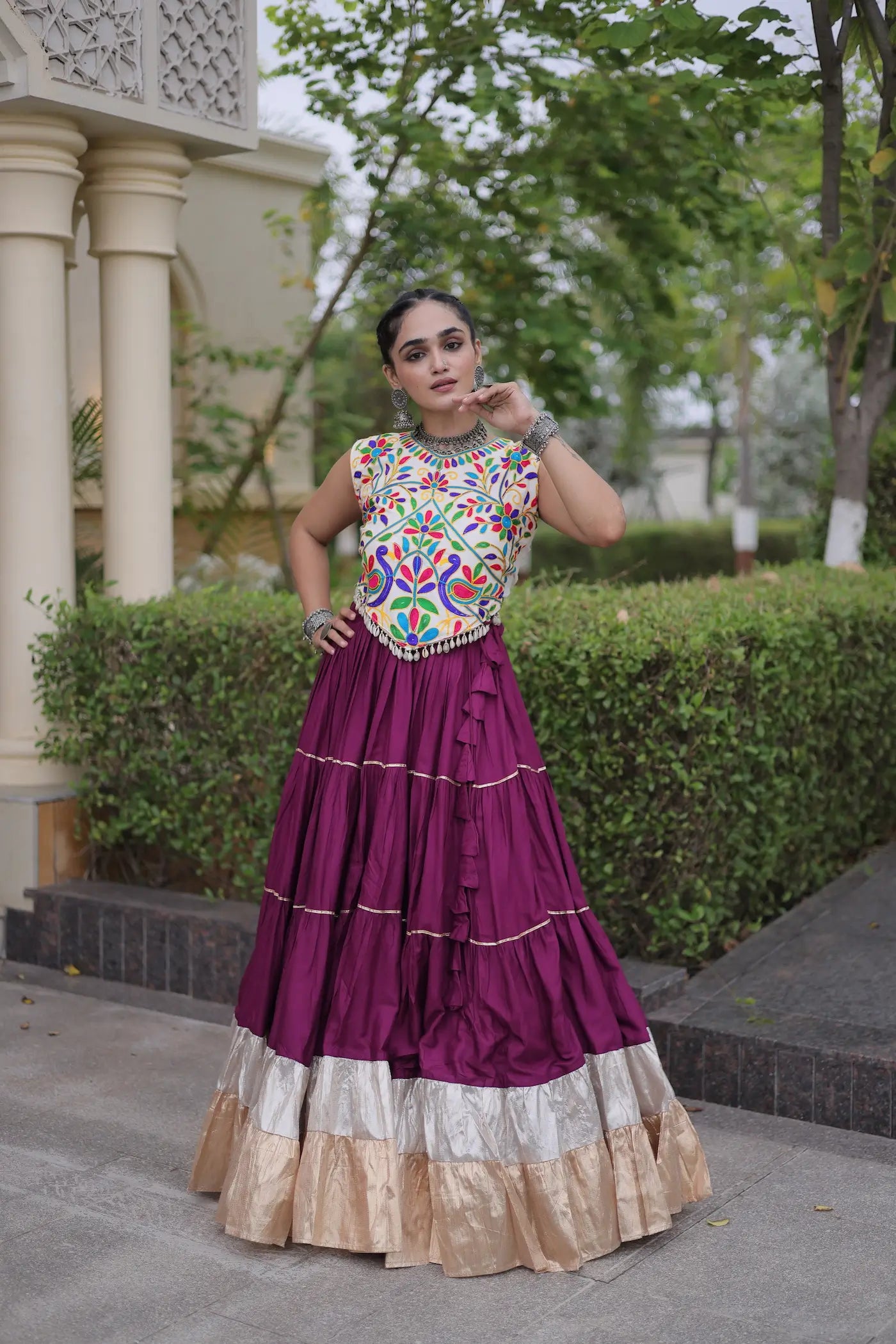 Wine Garba Chaniya Choli With Kutchi Work Blouse