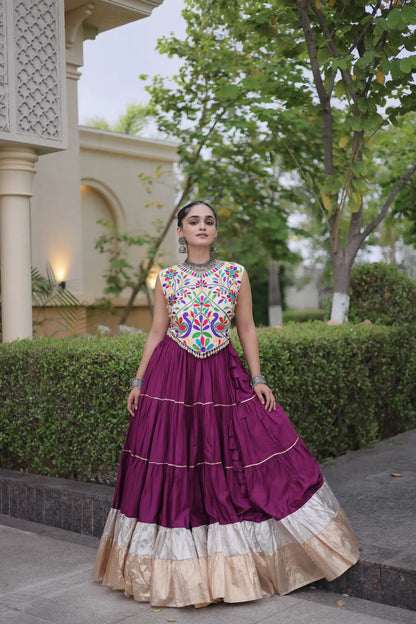 Wine Garba Chaniya Choli With Kutchi Work Blouse