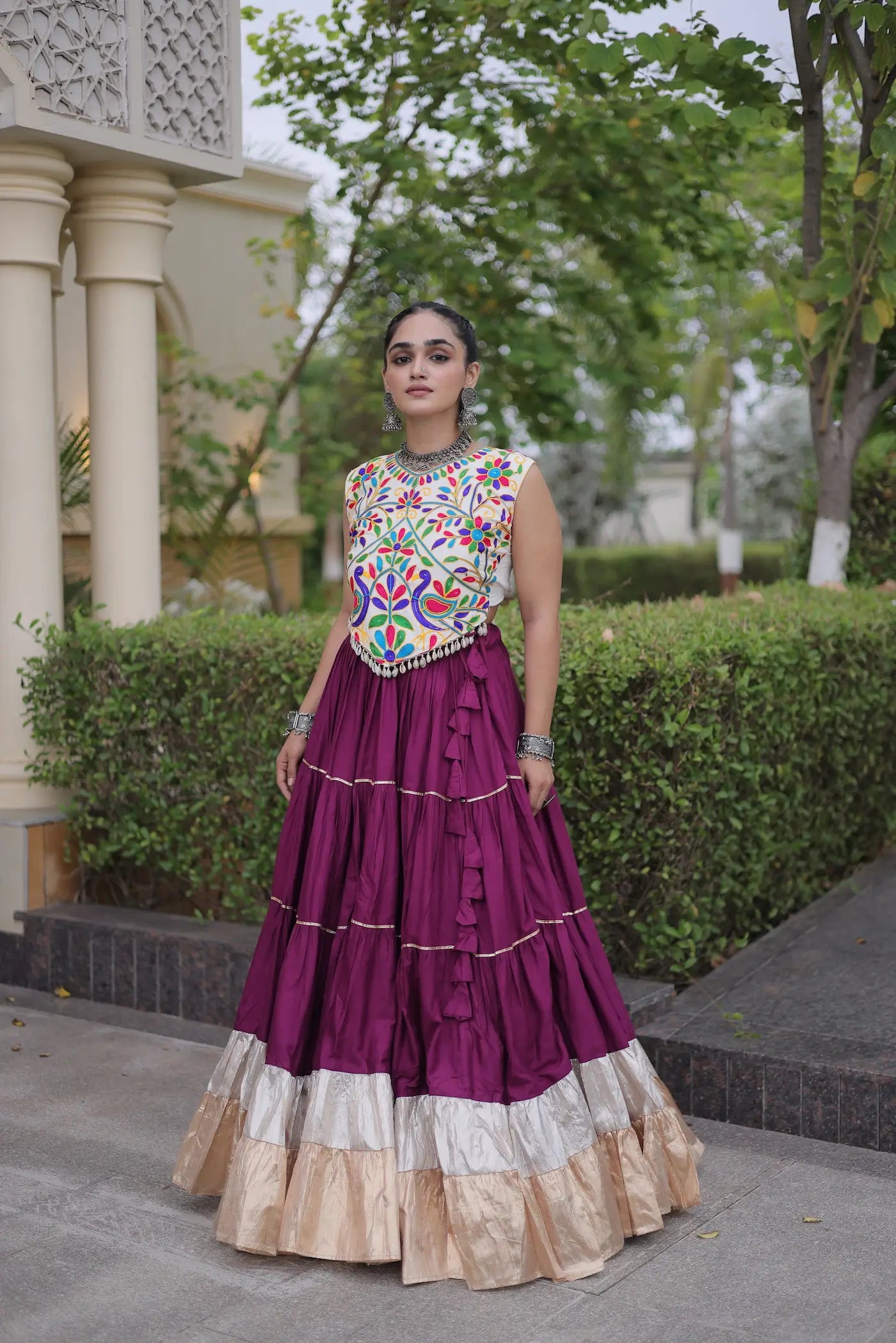 Wine Garba Chaniya Choli With Kutchi Work Blouse