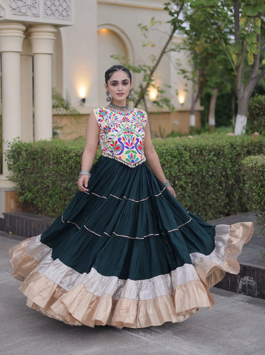 Bottle Green Garba Chaniya Choli With Kutchi Work Blouse