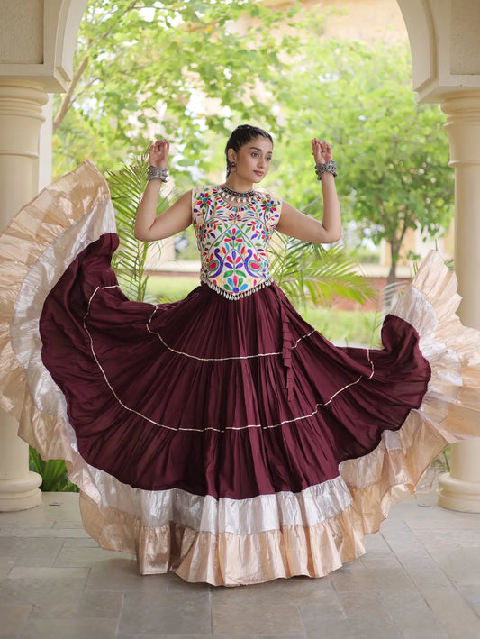 Brown Garba Chaniya Choli With Kutchi Work Blouse