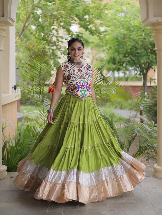 Parrot Green Garba Chaniya Choli With Kutchi Work Blouse