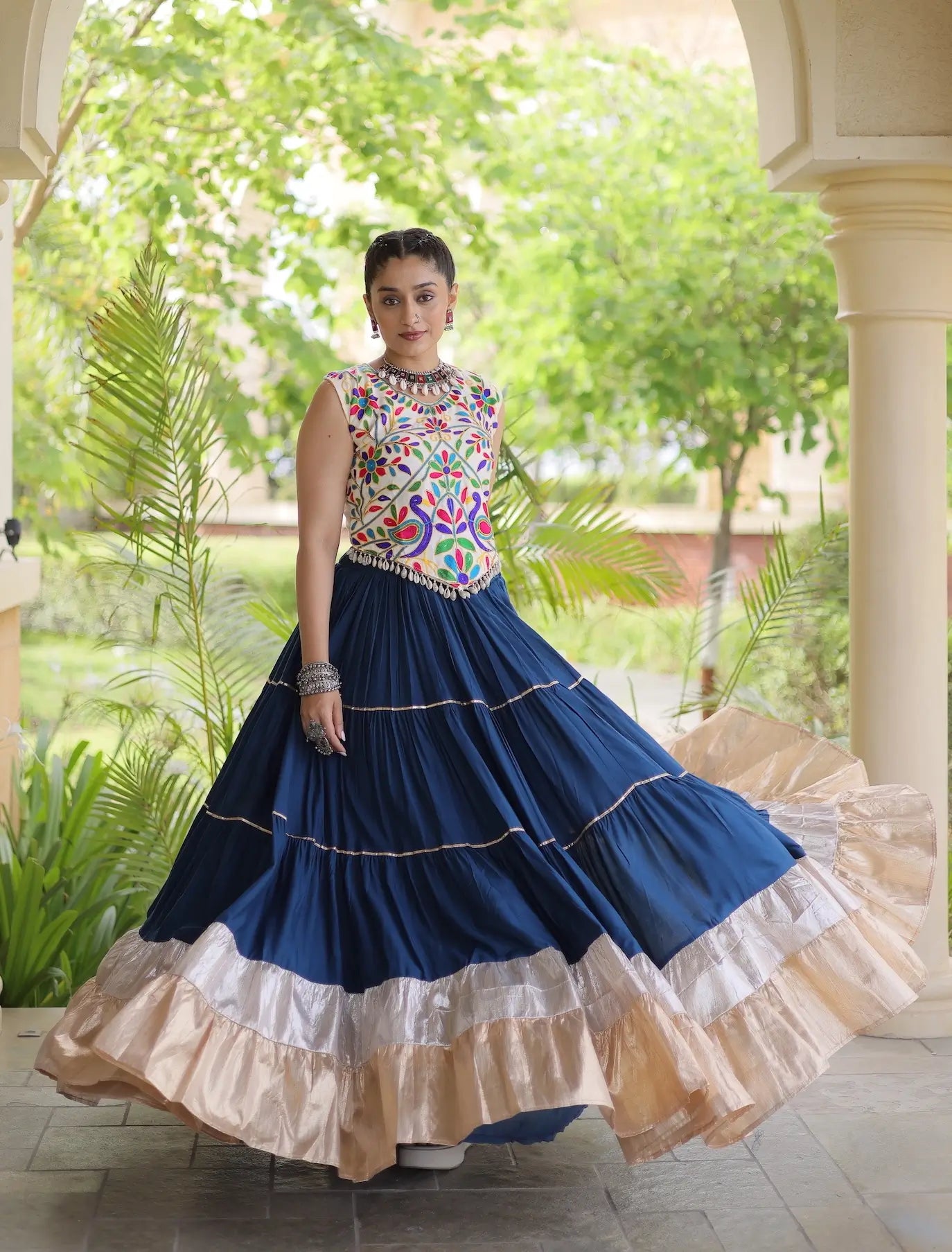 Rama Blue Garba Chaniya Choli With Kutchi Work Blouse