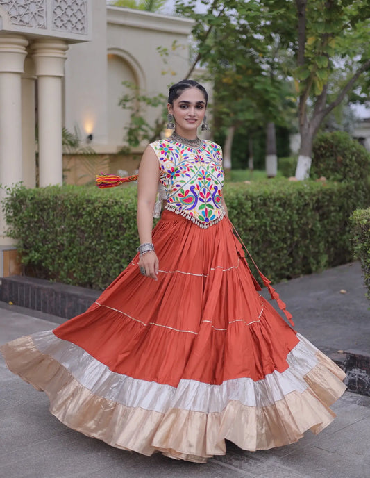 Rust Orange Garba Chaniya Choli With Kutchi Work Blouse