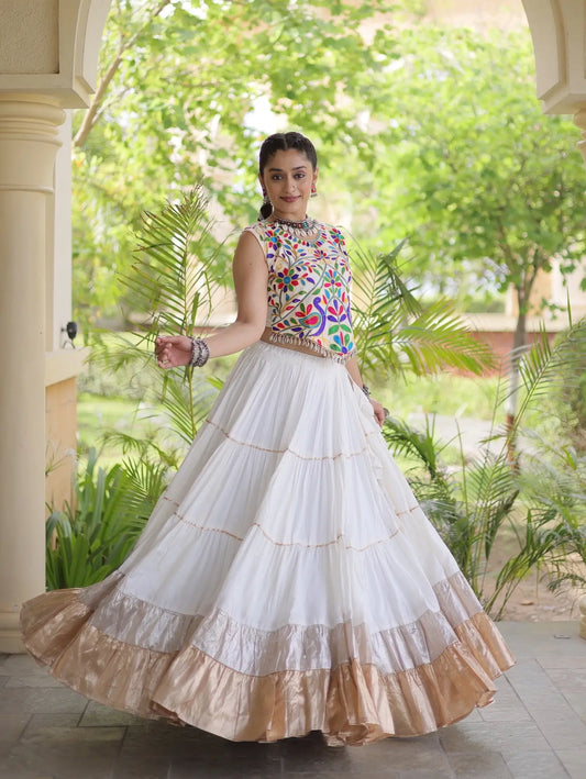 White Garba Chaniya Choli With Kutchi Work Blouse