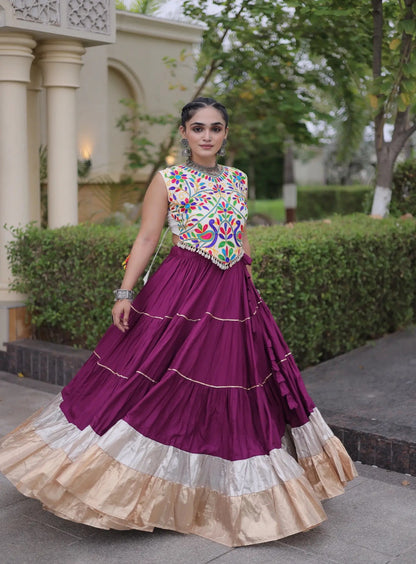 Wine Garba Chaniya Choli With Kutchi Work Blouse