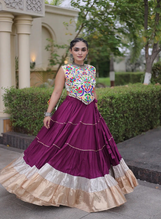 Wine Garba Chaniya Choli With Kutchi Work Blouse