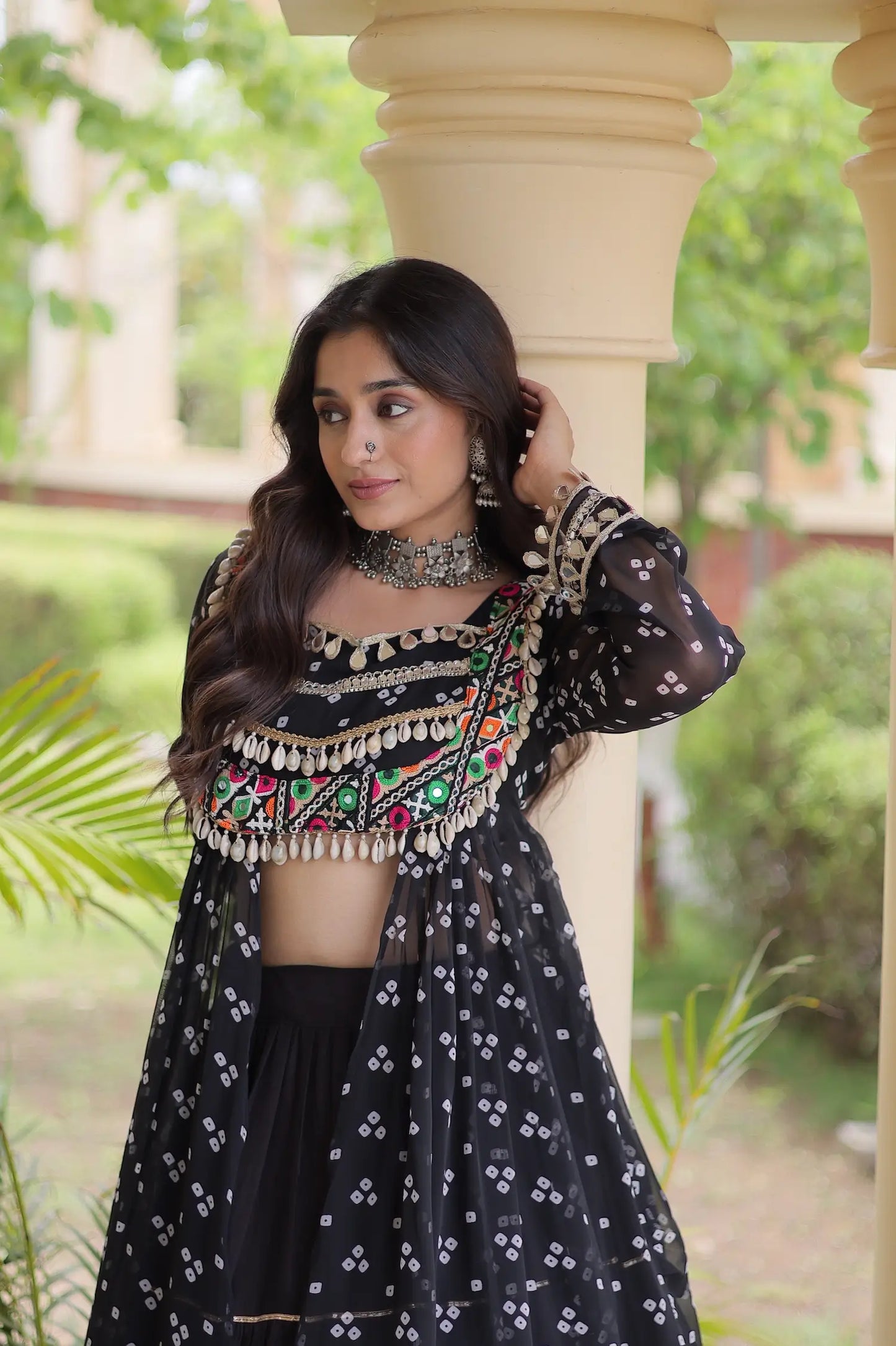 Black Garba Chaniya Choli With Print & Gamthi Work