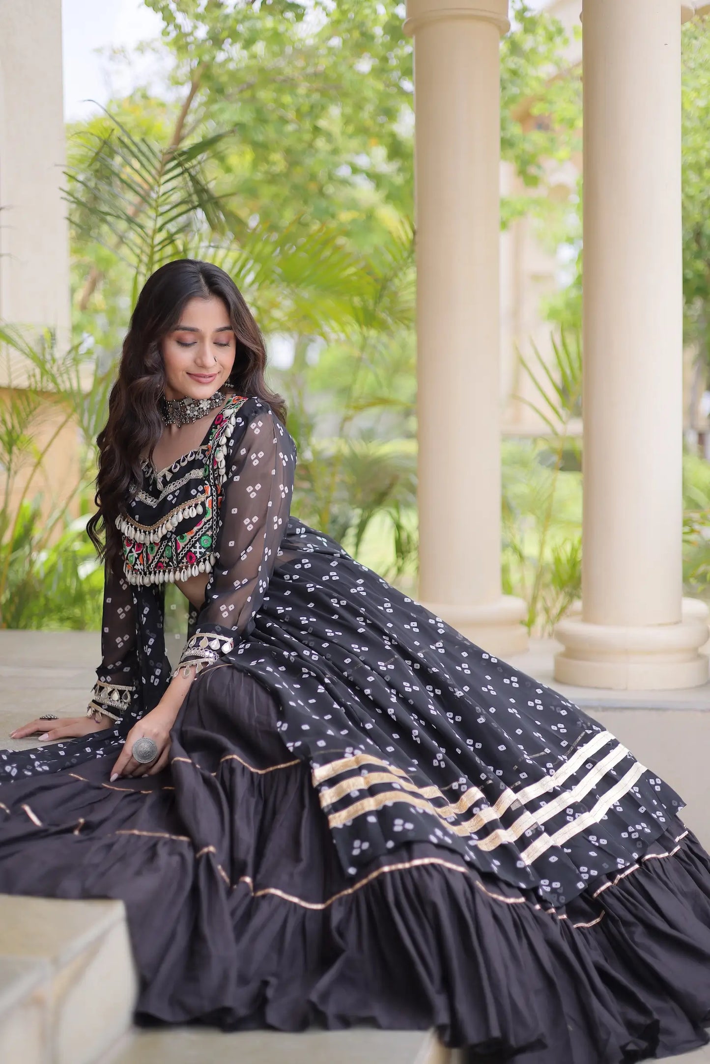 Black Garba Chaniya Choli With Print & Gamthi Work