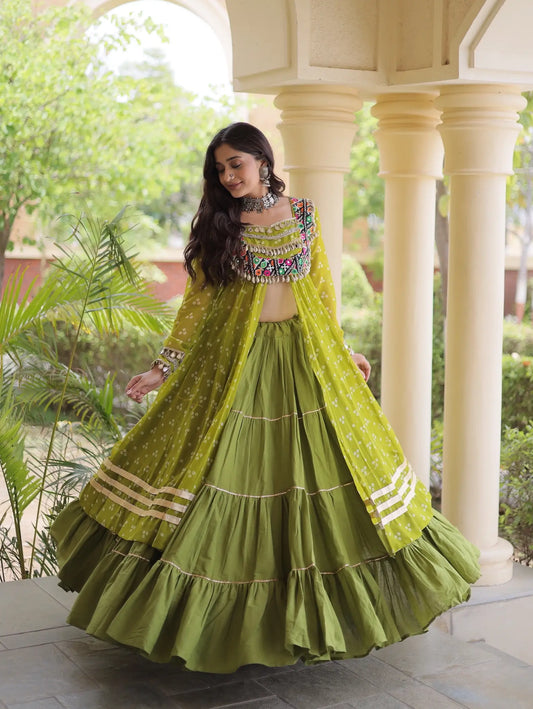 Parrot Green Garba Chaniya Choli With Print & Gamthi Work