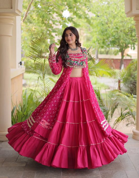Pink Garba Chaniya Choli With Print & Gamthi Work