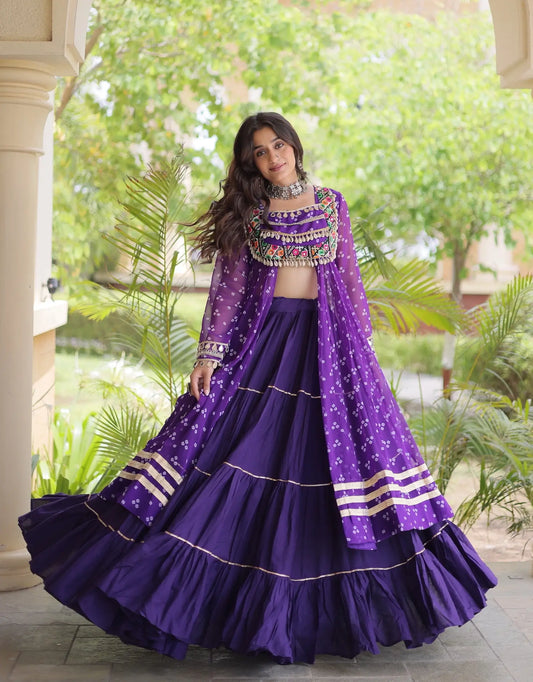 Purple Garba Chaniya Choli With Print & Gamthi Work