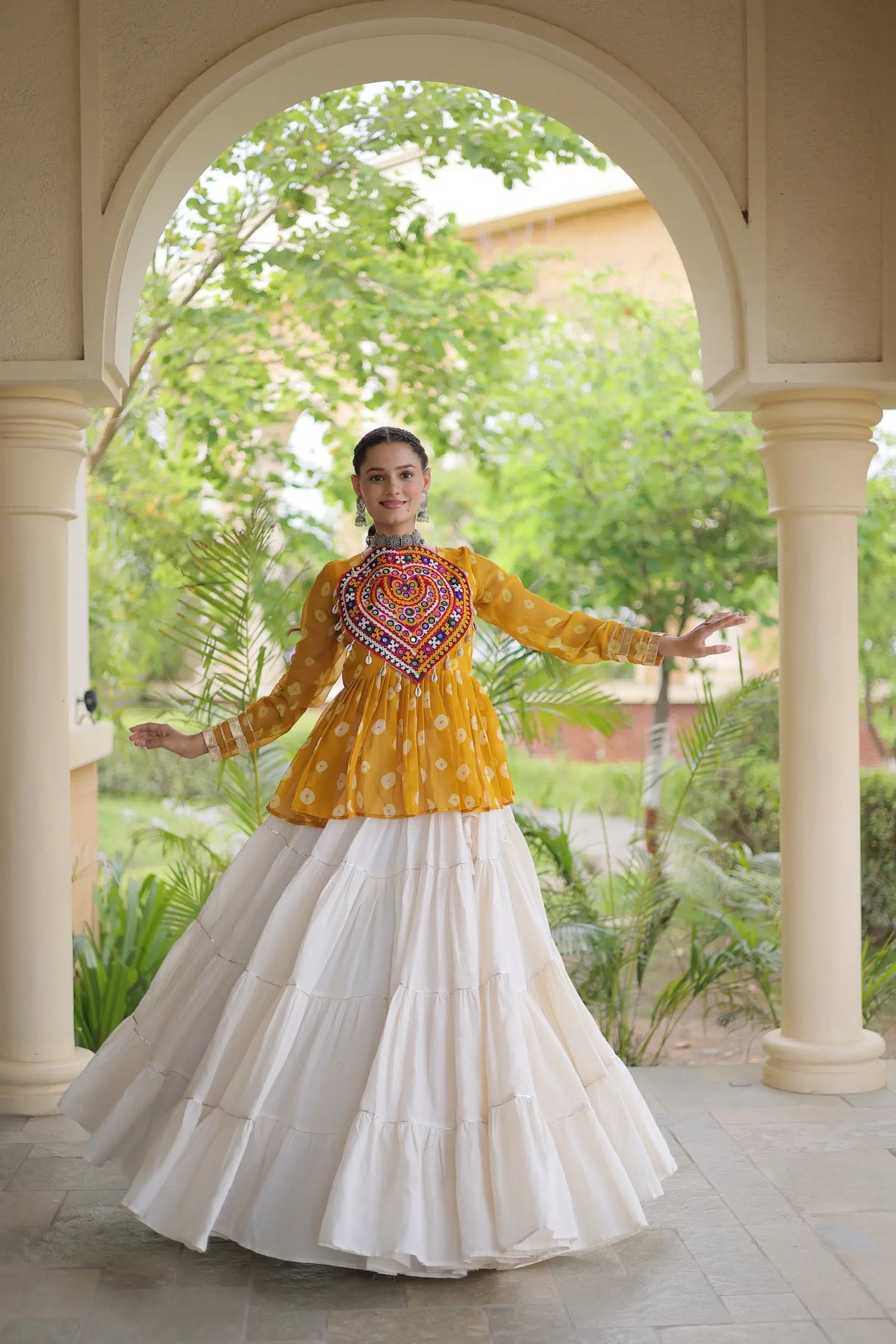 Yellow-White Garba Chaniya choli With Kutchi Patch Work