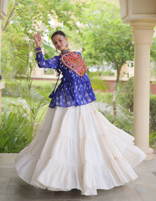 Blue-White Garba Chaniya choli With Kutchi Patch Work