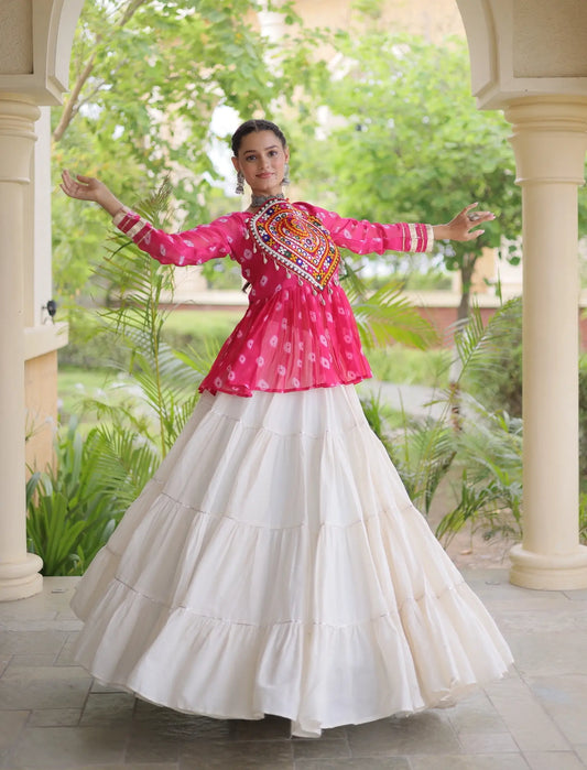 Pink-White Garba Chaniya choli With Kutchi Patch Work