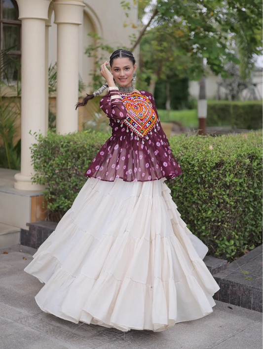 Wine-White Garba Chaniya choli With Kutchi Patch Work