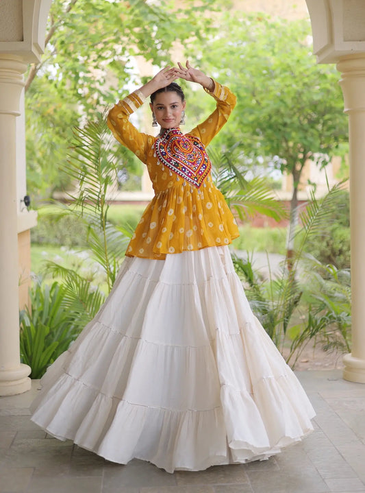 Yellow-White Garba Chaniya choli With Kutchi Patch Work