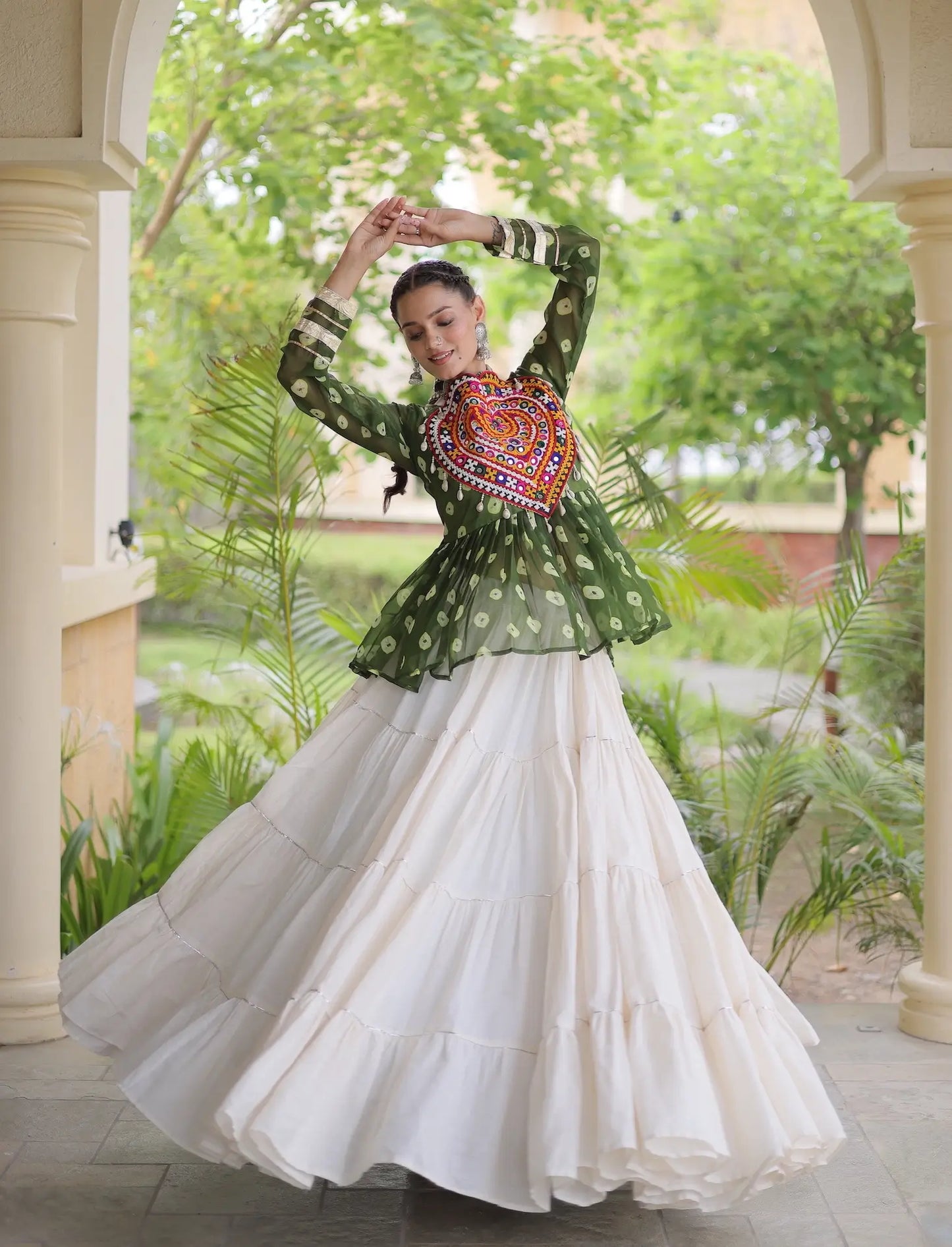 Green-White Garba Chaniya choli With Kutchi Patch Work