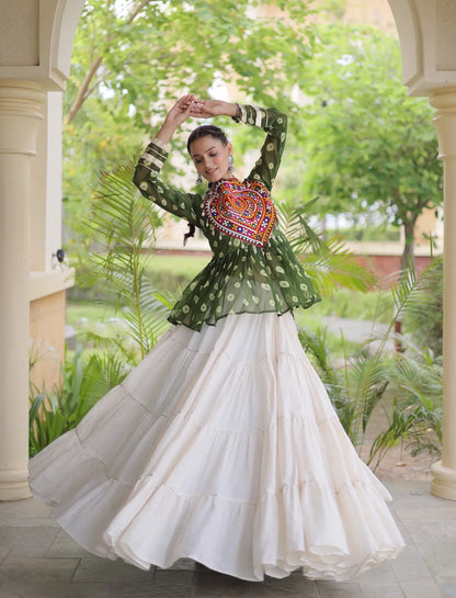 Green-White Garba Chaniya choli With Kutchi Patch Work