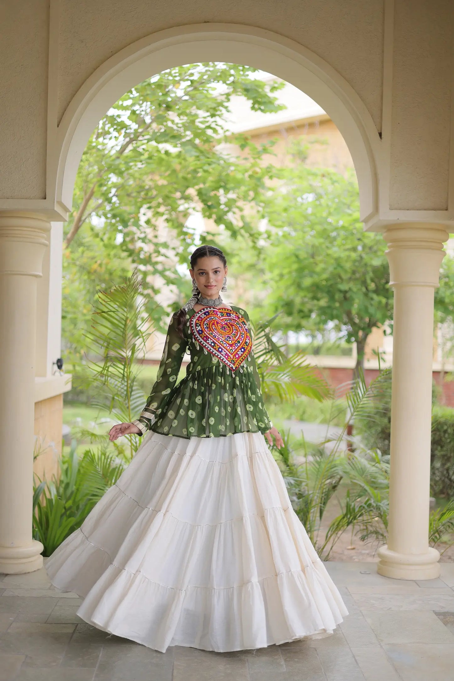 Green-White Garba Chaniya choli With Kutchi Patch Work