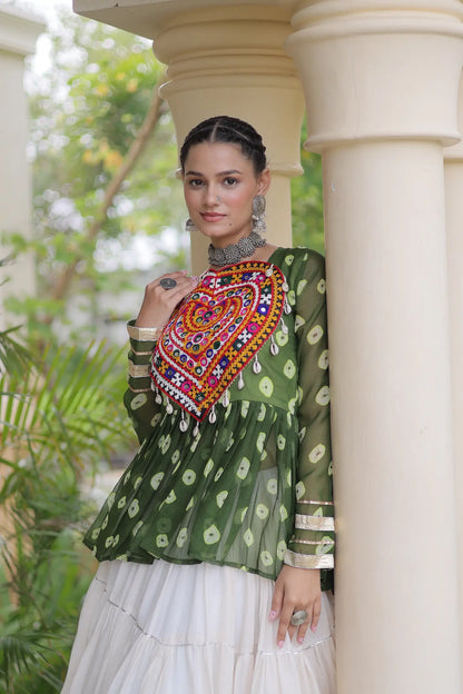 Green-White Garba Chaniya choli With Kutchi Patch Work