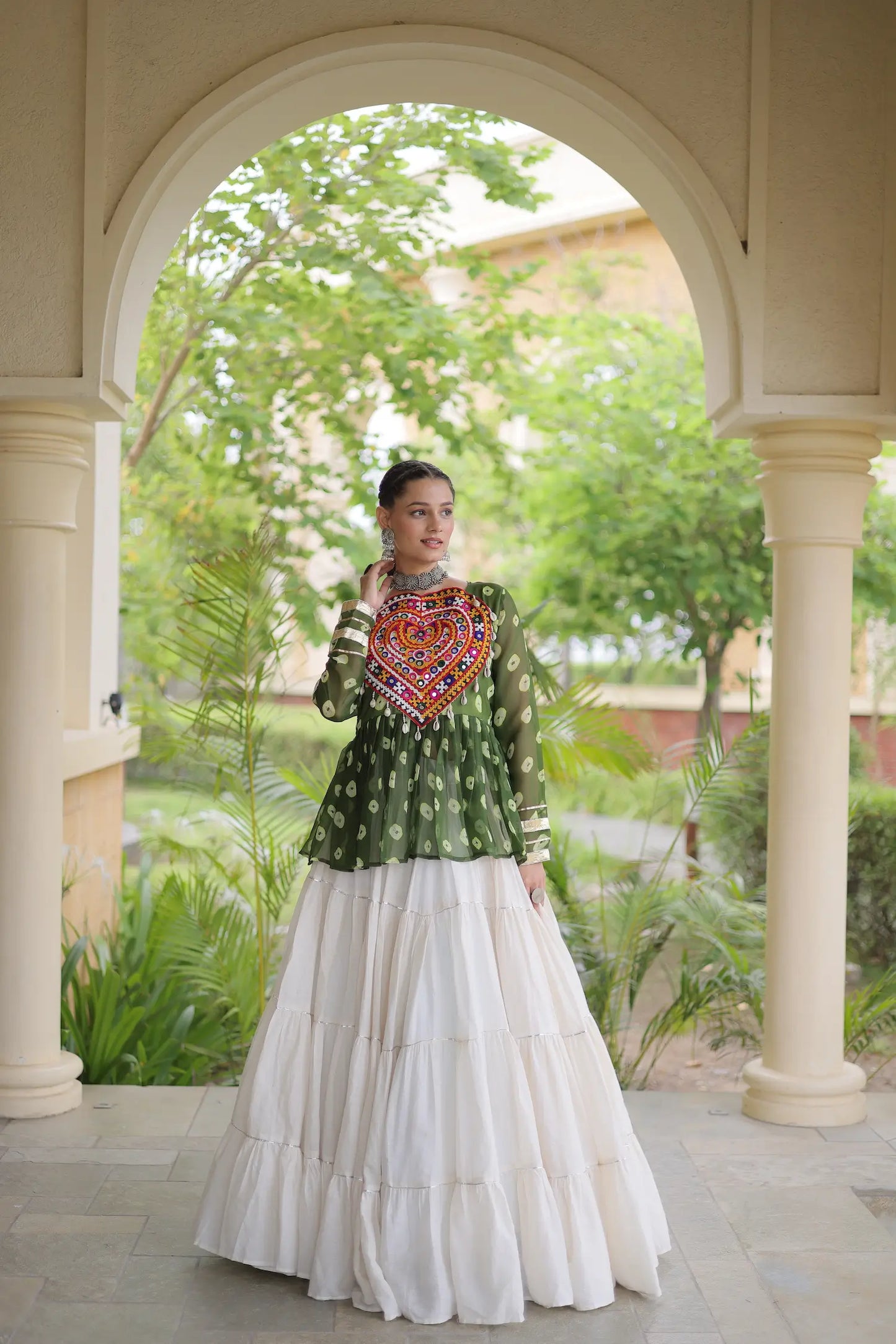 Green-White Garba Chaniya choli With Kutchi Patch Work