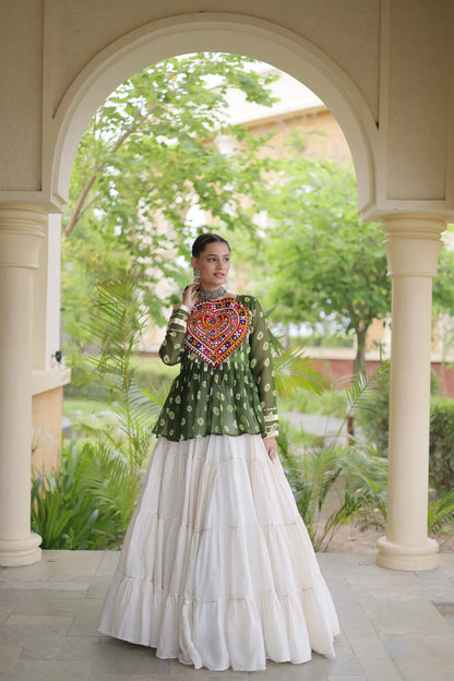 Green-White Garba Chaniya choli With Kutchi Patch Work