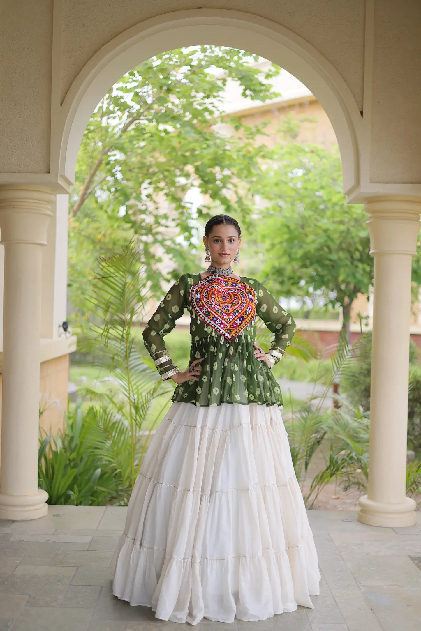 Green-White Garba Chaniya choli With Kutchi Patch Work