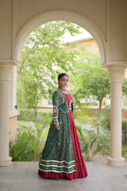 Maroon-Green Patch Work Navratri Lehenga With Shrug