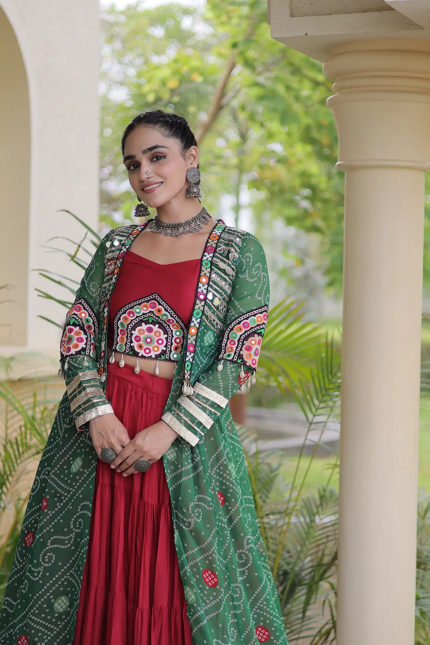 Maroon-Green Patch Work Navratri Lehenga With Shrug