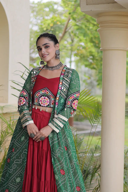 Maroon-Green Patch Work Navratri Lehenga With Shrug