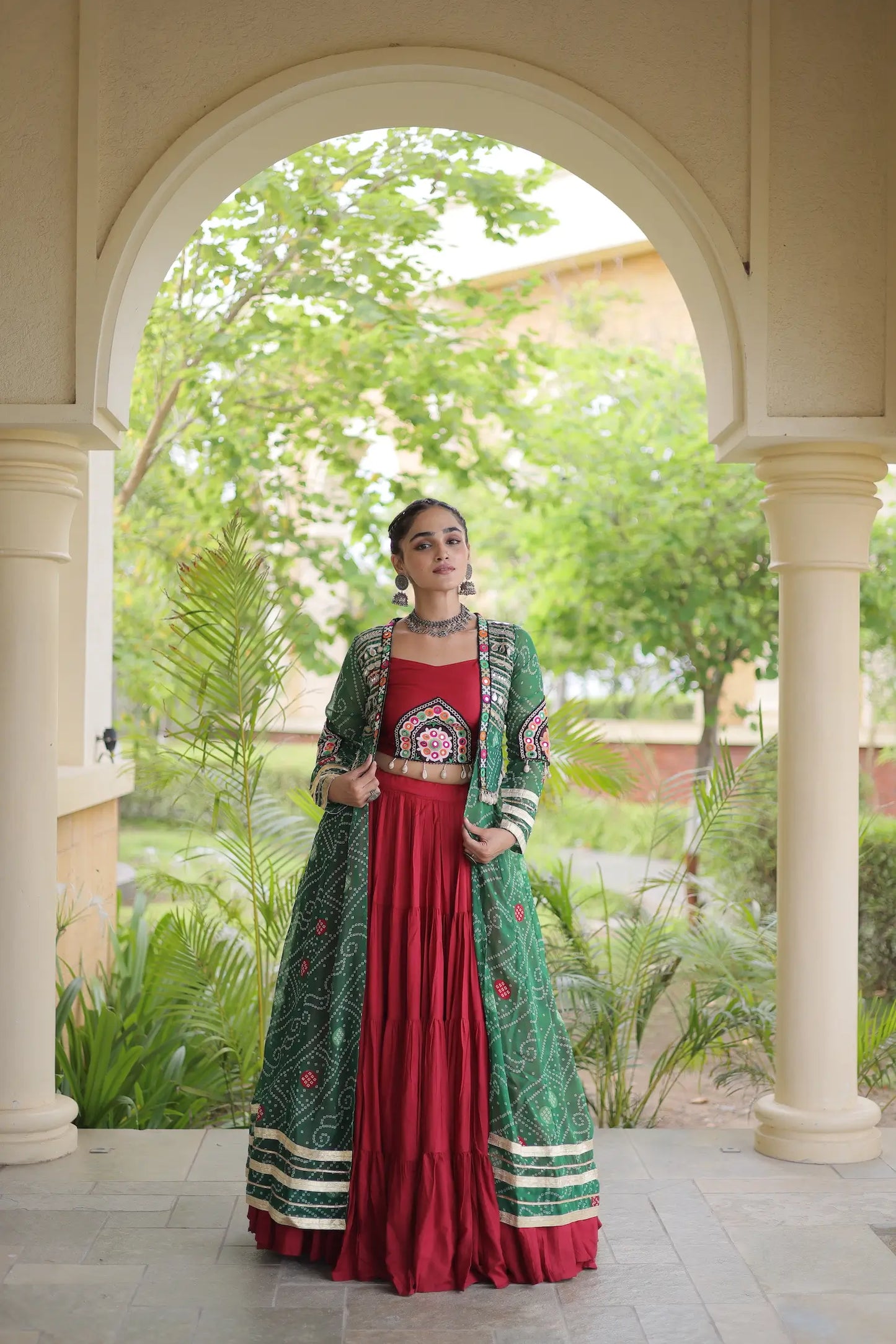 Maroon-Green Patch Work Navratri Lehenga With Shrug