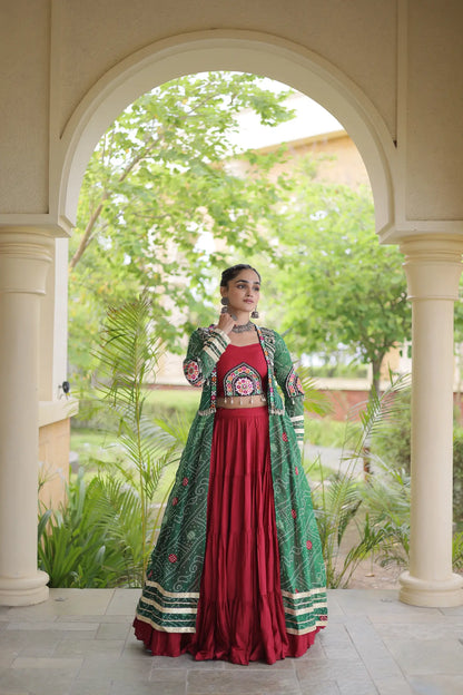 Maroon-Green Patch Work Navratri Lehenga With Shrug