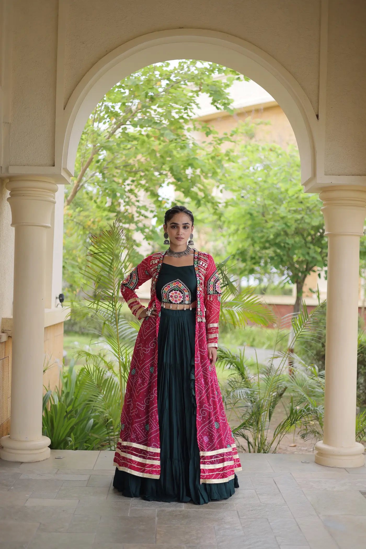 Green-Pink Patch Work Navratri Lehenga With Shrug