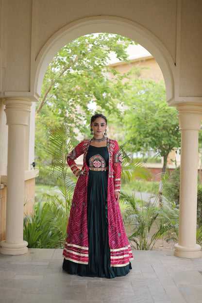 Green-Pink Patch Work Navratri Lehenga With Shrug