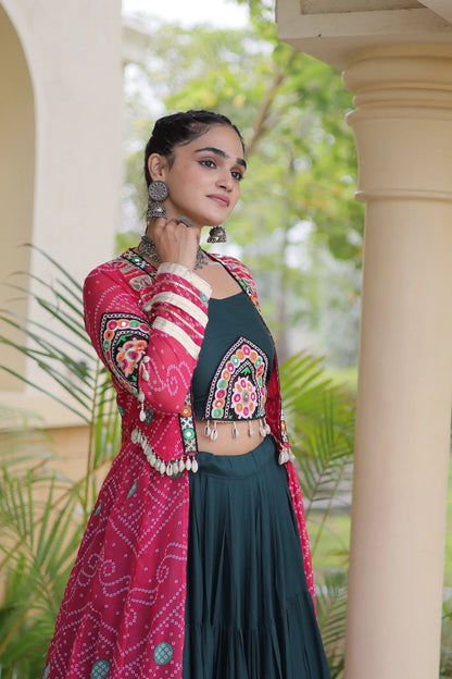 Green-Pink Patch Work Navratri Lehenga With Shrug