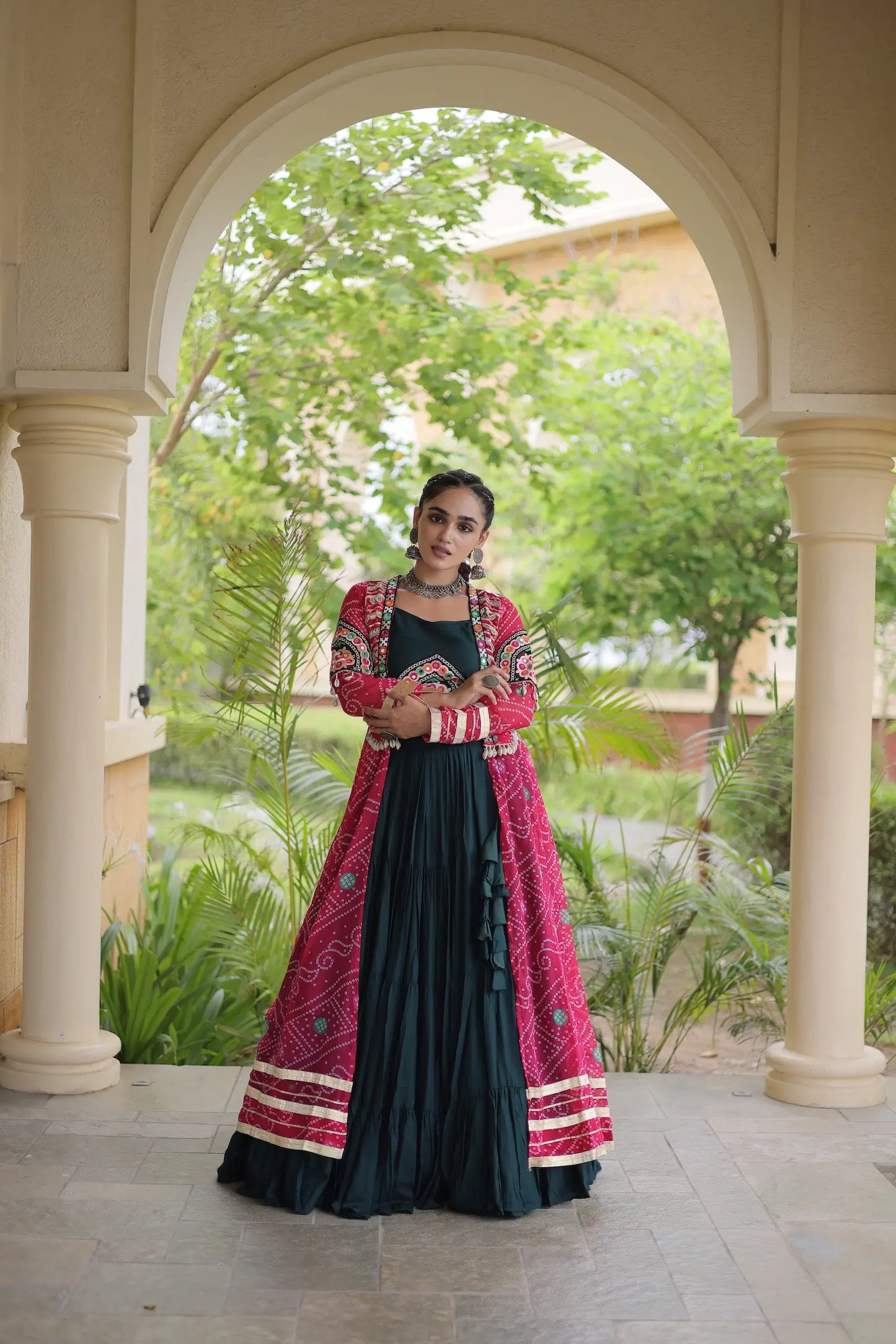 Green-Pink Patch Work Navratri Lehenga With Shrug