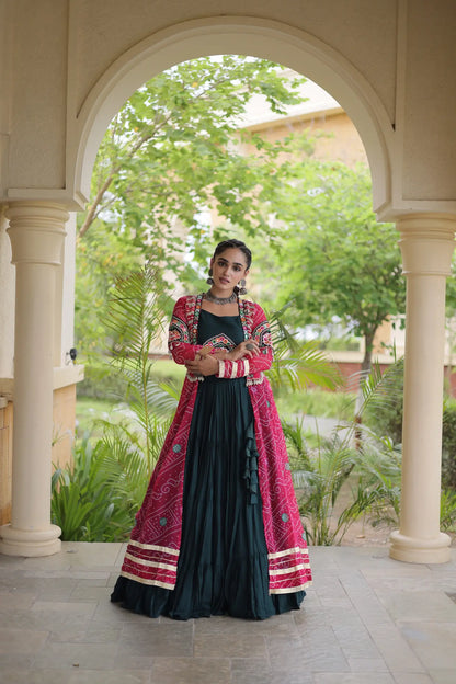 Green-Pink Patch Work Navratri Lehenga With Shrug