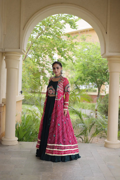 Green-Pink Patch Work Navratri Lehenga With Shrug
