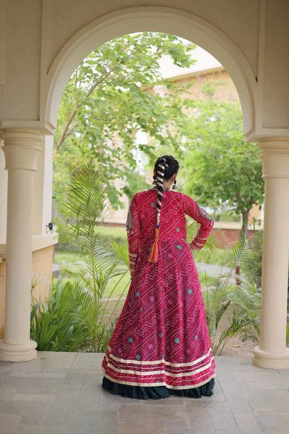 Green-Pink Patch Work Navratri Lehenga With Shrug